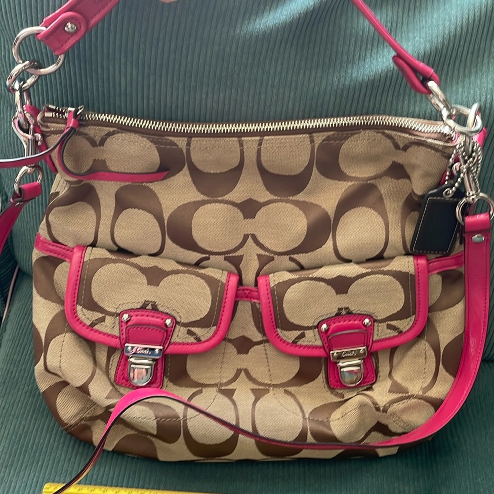 Coach authentic C hobo bag with pink patent leather trim